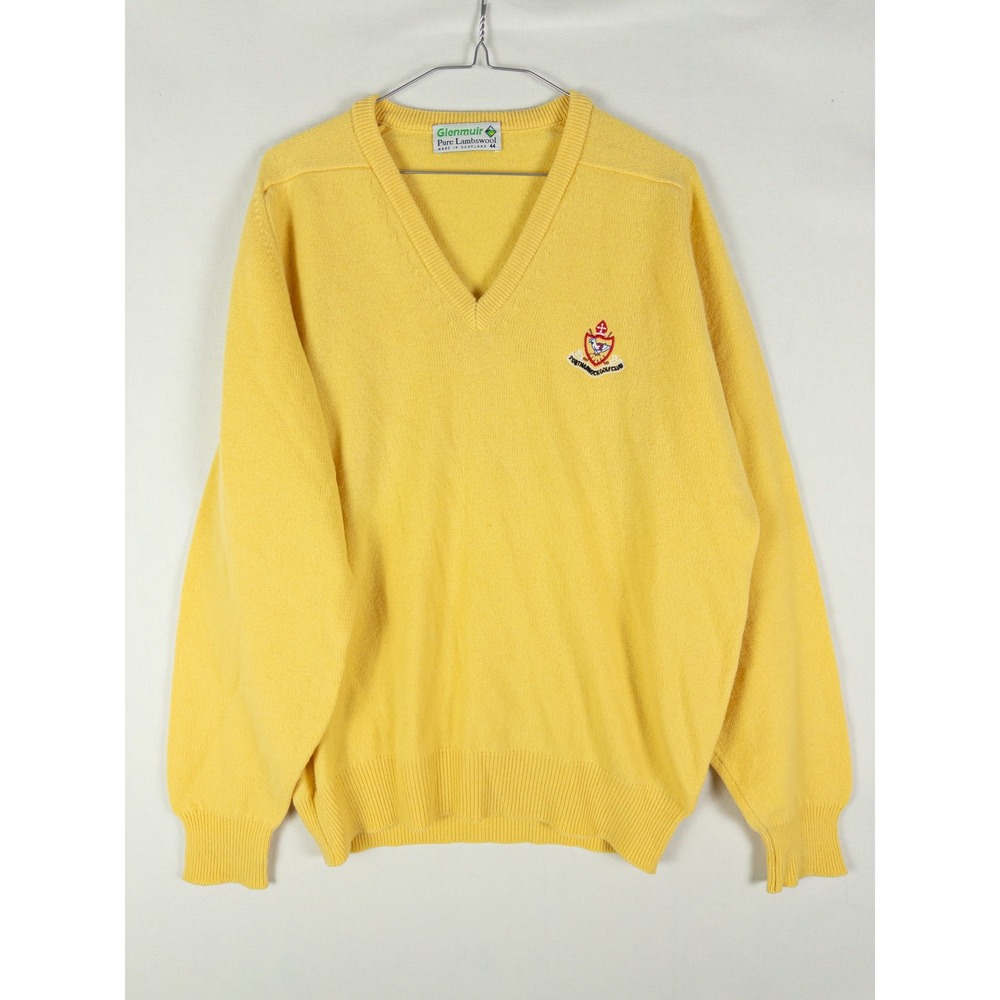 Vintage Glenmuir Pure Lambswool V-Neck Golf Sweater Mens 44 Yellow Pontmarnock C